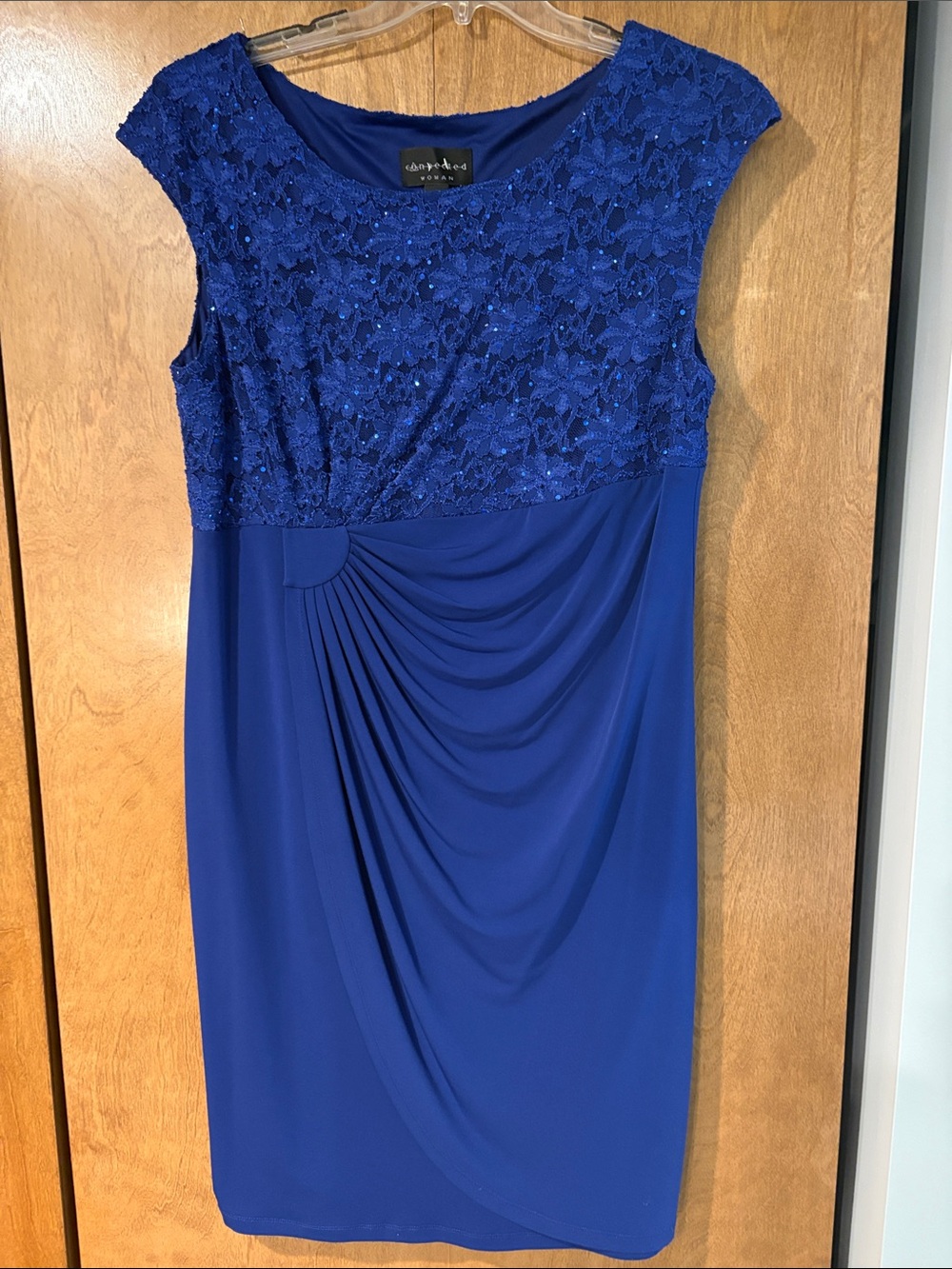 Cap-Sleeve Lace Bodice Draped Midi Dress in Electric Blue 16W